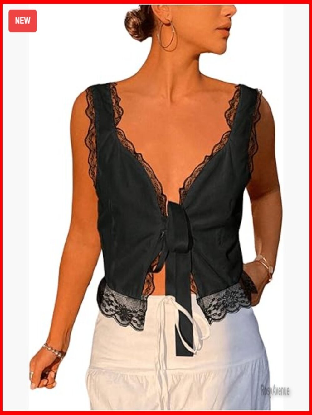 Lace Trim Open Tie Front Tank Top V Neck Sleeveless Y2K Top